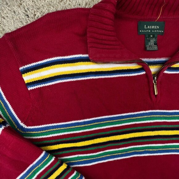 Lauren Ralph Lauren Sweater Striped Colorful Medium Cotton Oversized 1/4 Zip - Picture 8 of 13